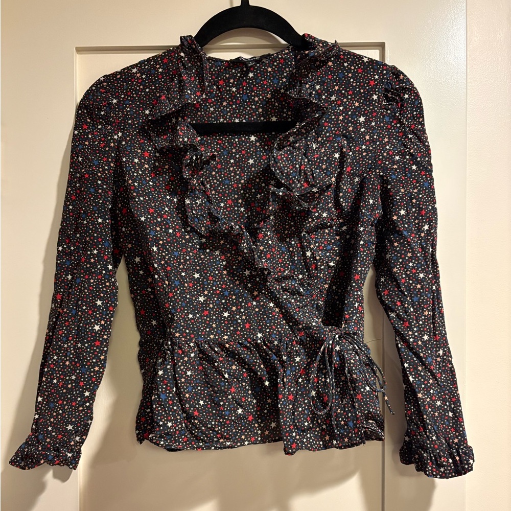 Madewell Silk Ruffled Star Print Wrap Top Size S